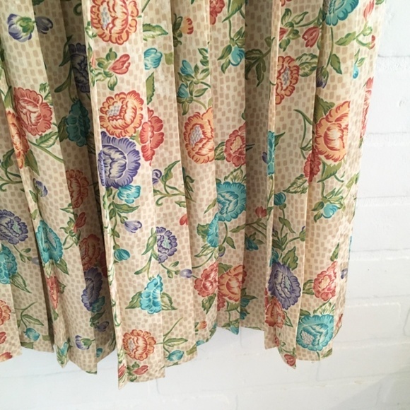 Vintage Midi skirt Pleated Satin Floral print Fairy Cream Peach Aqua purple L - Picture 8 of 12